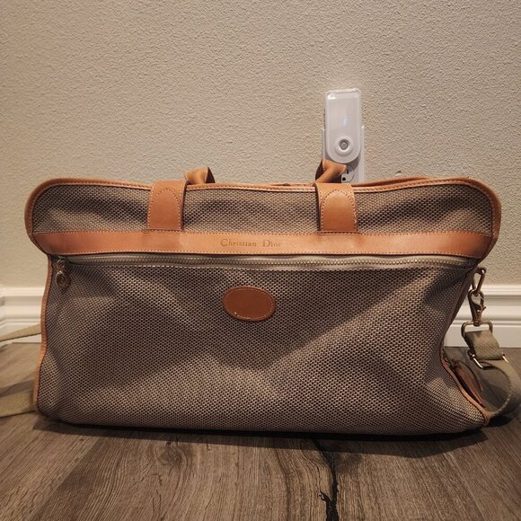 Vtg Christian Dior Canvas Leather Weekender Travel Duffle Bag w/ Strap - Picture 1 of 16